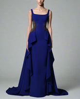 Dark blue crepe dress with embroidered waist - Sally